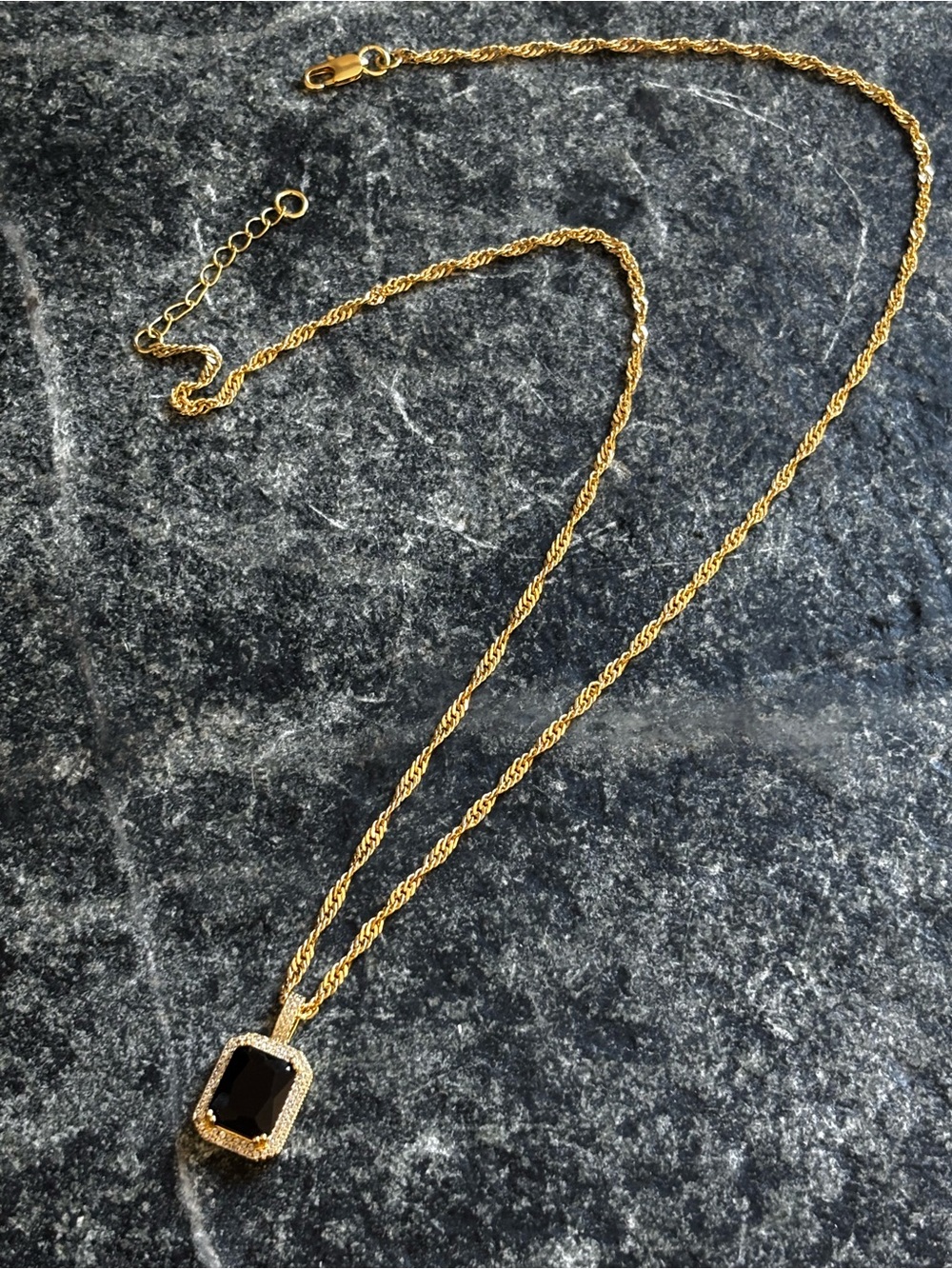 Gold long Necklace with Black stone Pendant surrounded by cz crystals
